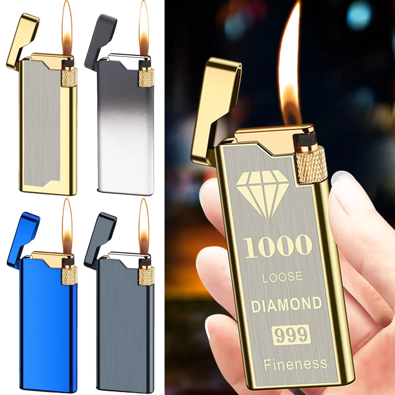ولاعة سجائر معدنية قابلة لإعادة الملء بعجلة لهب ناعمة من البيوتان، رفيعة للغاية مقاومة للرياح، هدية للرجال #1
