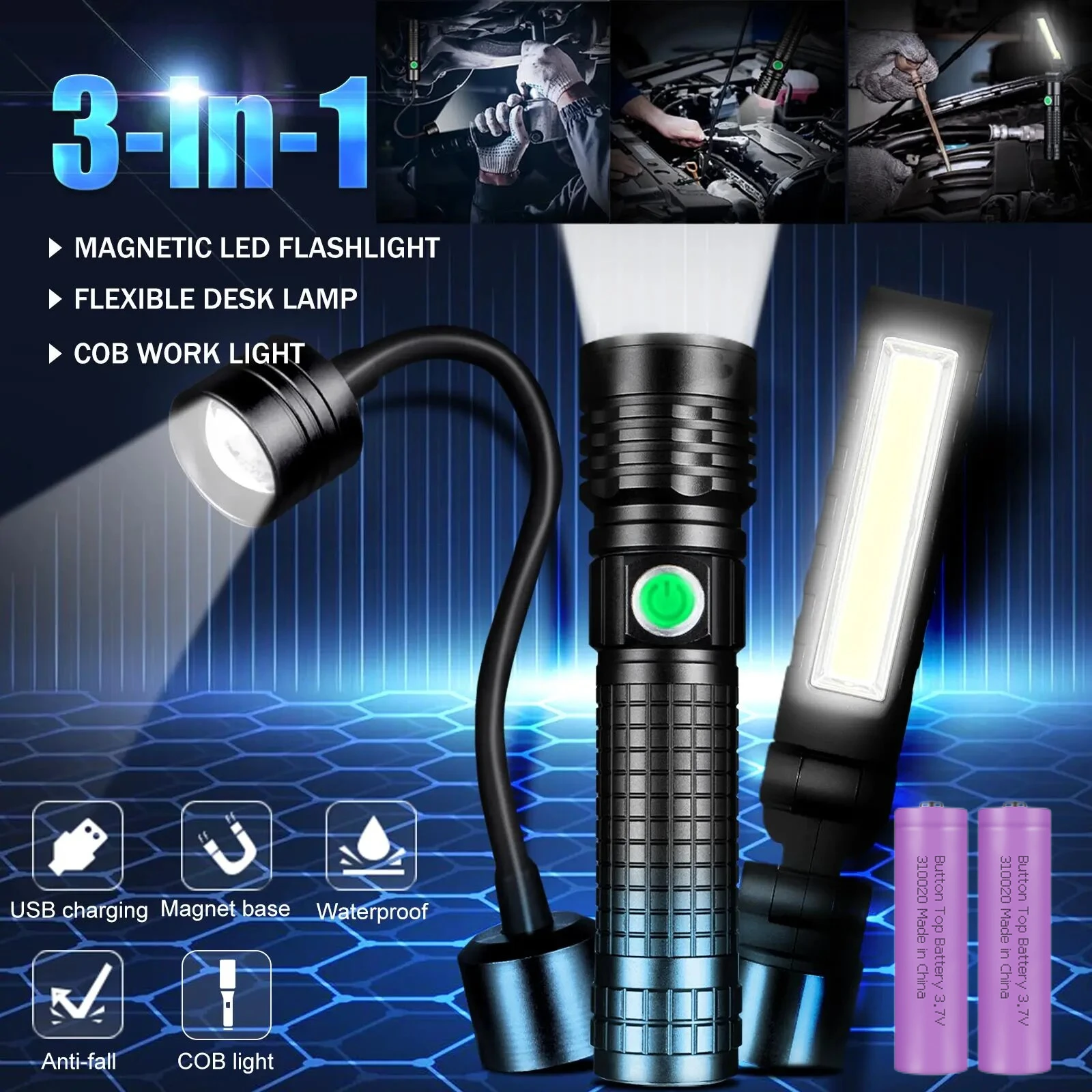 

Skywolfeye 3-in-1 Magnetic Rechargeable LED Flashlight Kit 3 Modes with COB Work Light and Flexible Desk Lamp