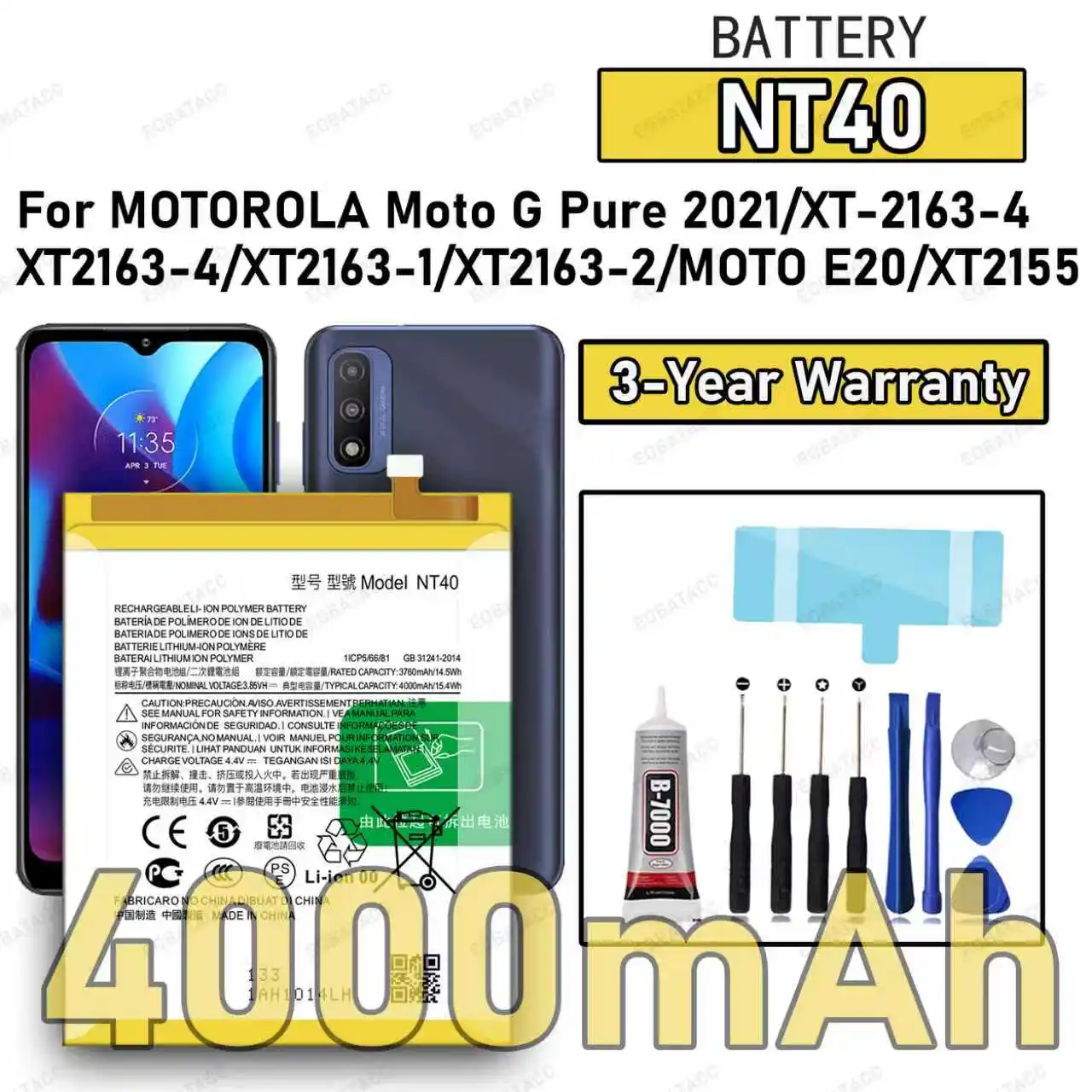 

100% New High Quality NT40 Battery For MOTOROLA MOTO G Pure 2021/XT-2163-4/MOTO E20/XT2155 Replacement Battery Bateria+Free Tool