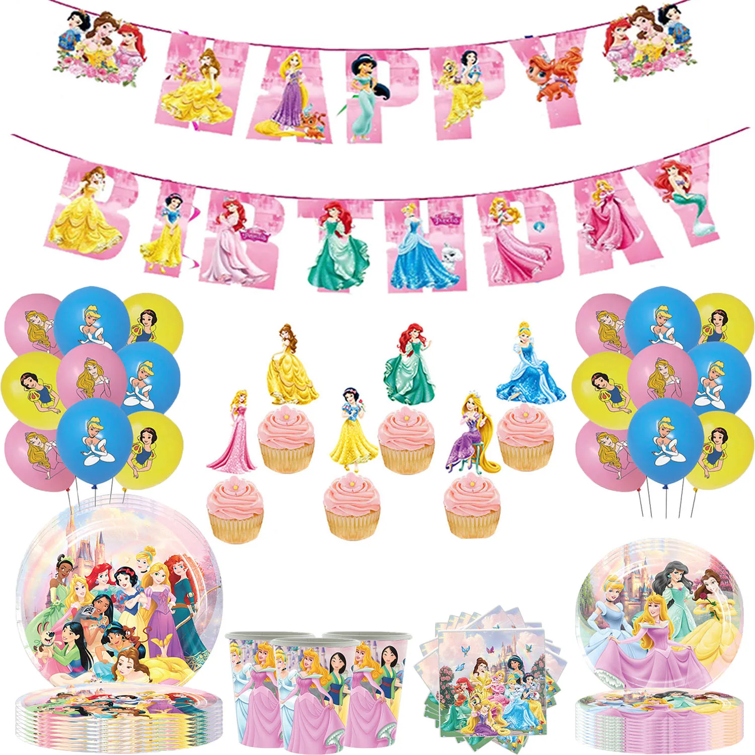 Disney Six Princess Girls Birthday Party Decoration Tablecloth Christmas Flag Family Party Cup Plate Napkin Disposable Tableware