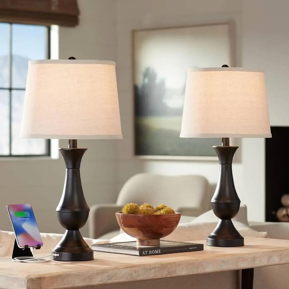 

25 High Set of 2 Hotel Style Touch Table Lamps with USB Ports, LED Bronze Drum Shade for Living Room, Bedroom, or Office
