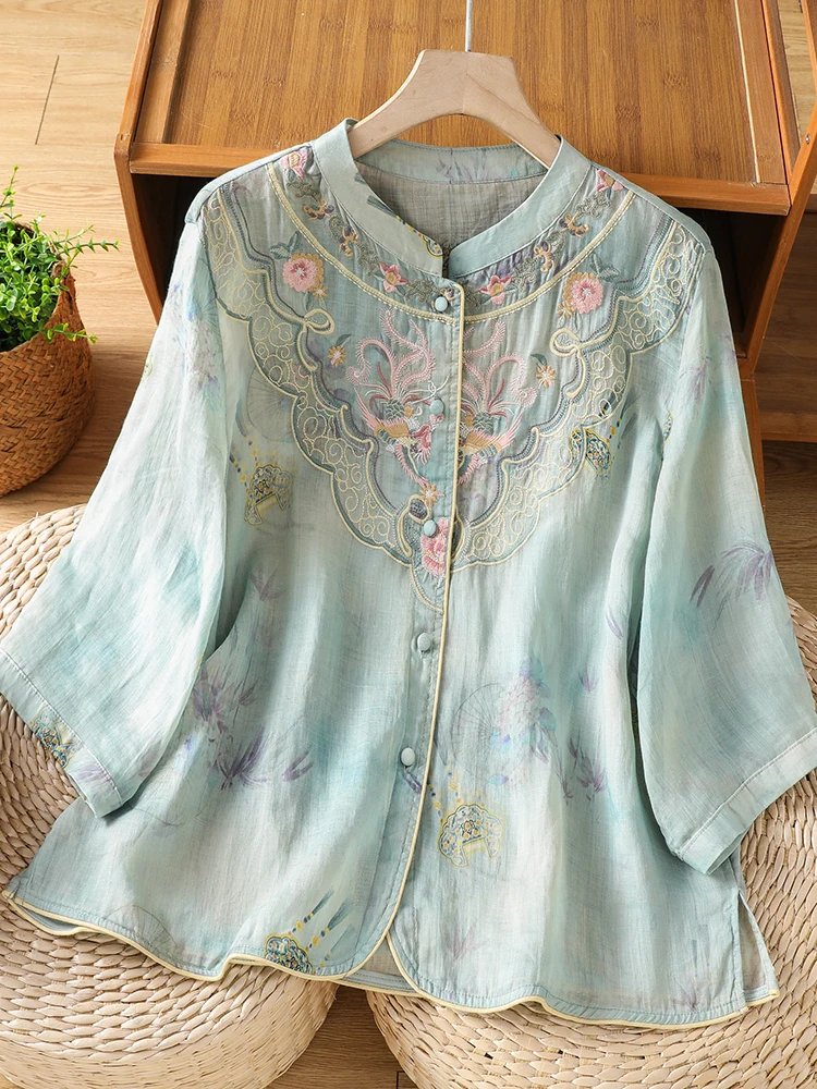 

New Chinese Style Summer 2026 Loose Fit round Neck Embroidered Silk Shirt Women's Versatile Casual Comfortable Shirt