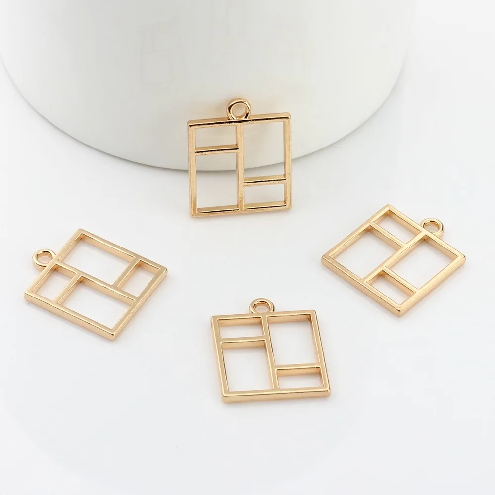 Colgante cuadrado de aleación de Zinc, accesorios de joyería dorados huecos, collar de pendientes cuadrados, 10 piezas