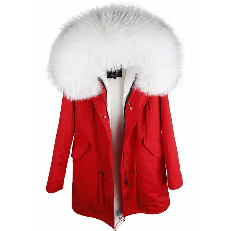 

New Style Women's Raccoon Fur Collar Hooded Long Top Quality Faux Fur Lining Thick Warm Loose Detachable Winter Jacket