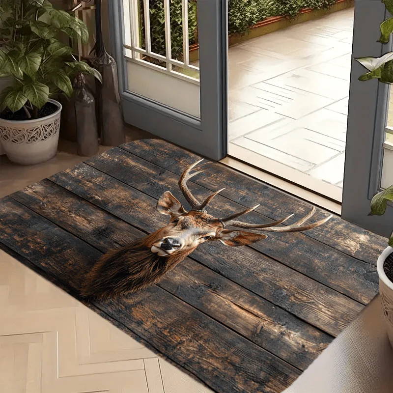 Rustic Wildlife Deer Head Dark Wooden Board Flannel Doormat Anti Slip Absorbent Front Door Mat Cabin Home Entrance Decor Rug
