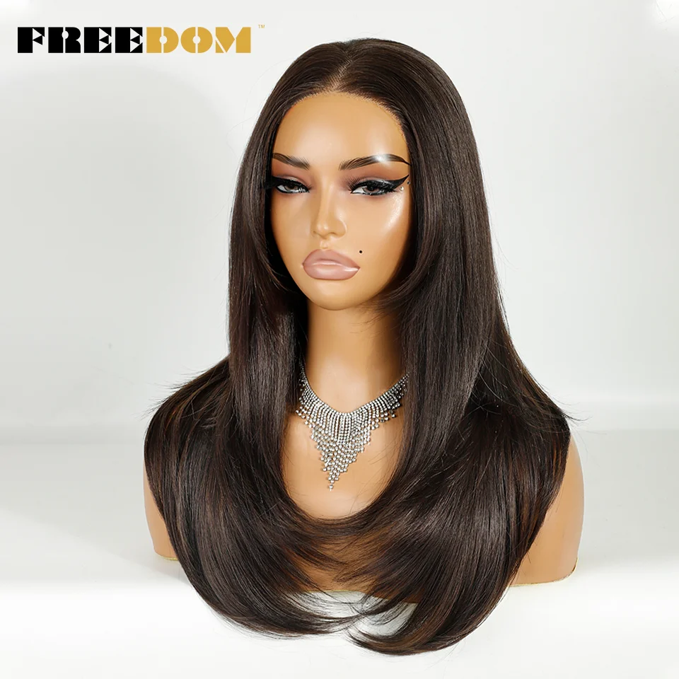 FREEDOM Synthetic Lace Front Wigs For Women 20 Inch 13x3 Straight Pre Plucked Layered Lace Wigs Ombre Brown Blonde Daily Use Wig