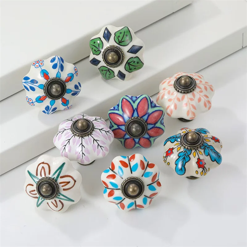 41mm Hand-painted Pumpkins Ceramic Door Drawer Knobs Furniture Handles Round Cabinet Wardrobe Cupboard Closet Pulls For Room Diy