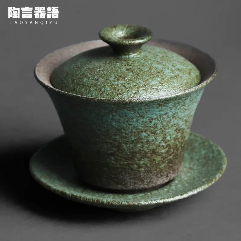 

Kiln roasted volcanic rock retro pottery cover bowl handmade pottery kung fu wide mouth hand-held tea brewing bowl