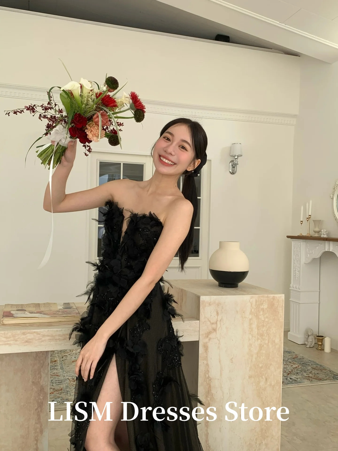 LISM Zwarte Hoge Split Korea Avondjurken A-lijn Sweetheart Party Gelegenheid Jurken Zijde Satijn Applicaties Prom Gown Aangepast