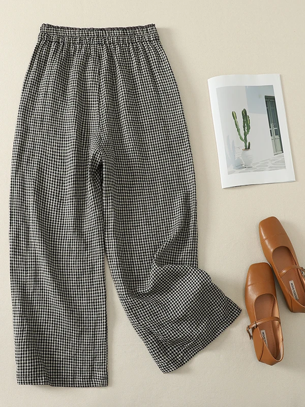 Cotton Linen Plaid Harem Pants Women's Summer New Style Fashionable Elastic Waist Slimming Casual Nine Point Pants
