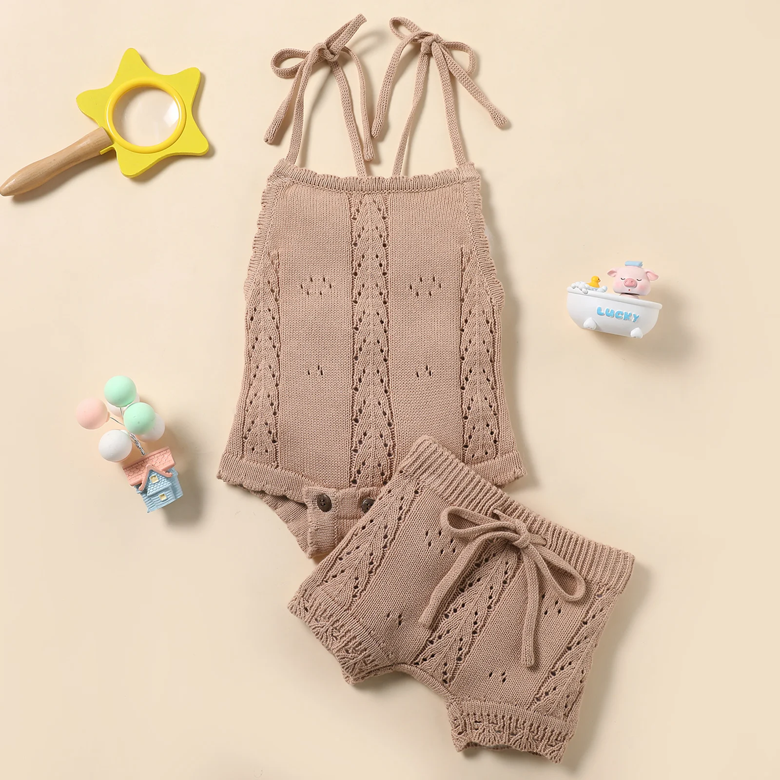 Kids Baby Summer Clothes for Newborn Baby Boys Girls Solid Lace-up Knitted Backless Rompers+Drawstring Shorts Beach Outfits Sets