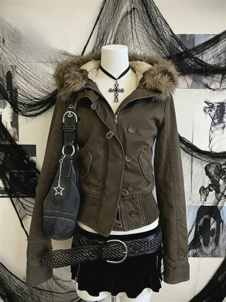 Women Retro Y2K Winter Parka Thick Warm Faux Fur Hooded Cotton Padded Coat Casual Street Daily Outdoor Windproof Ladies Fashion