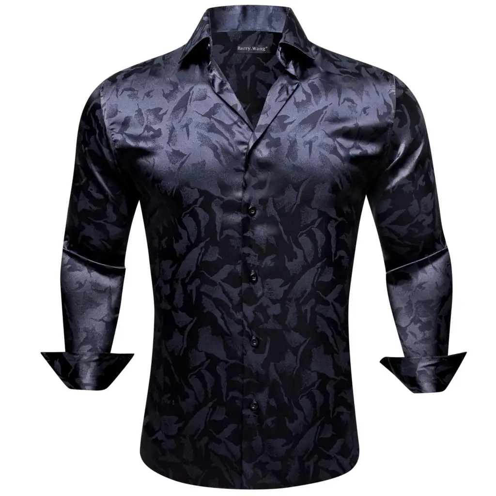 Luxury Shirts for Men Silk Satin Embroidered Black Flower Long Sleeve Male Blouses Casual Lapel Tops Breathable Barry Wang