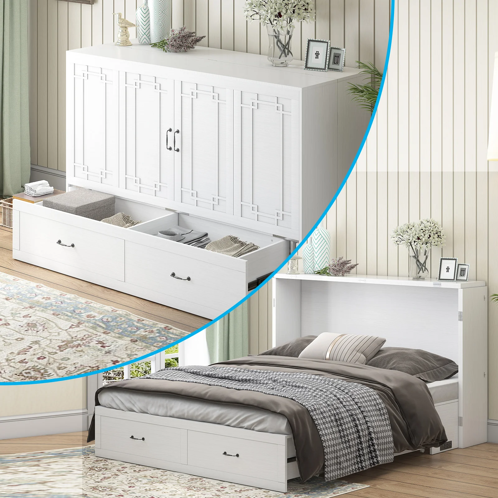 

Murphy Bed Cabinet with USB Charging Ports & Storage Drawers, Guest Room Cabinet Bed with Mattress, Space-Saving Murphy Bed