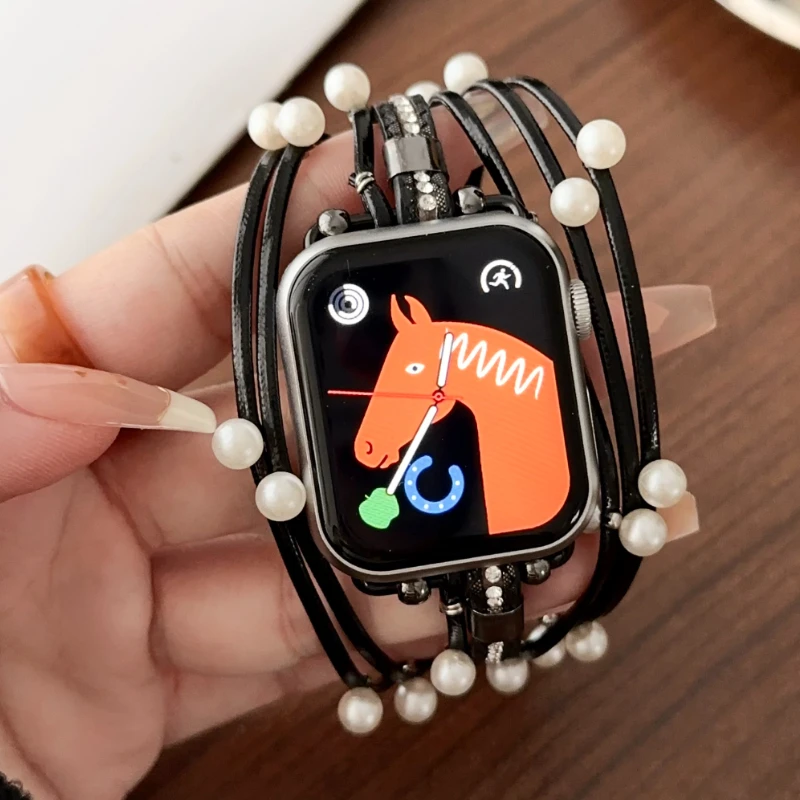 Women Leather Bracelet For Apple Watch Band Ultra 2 1 49mm 45mm Jewelry Strap For Iwatch Series 9 7 8 6 SE 5 4 3 40mm 41mm 44mm