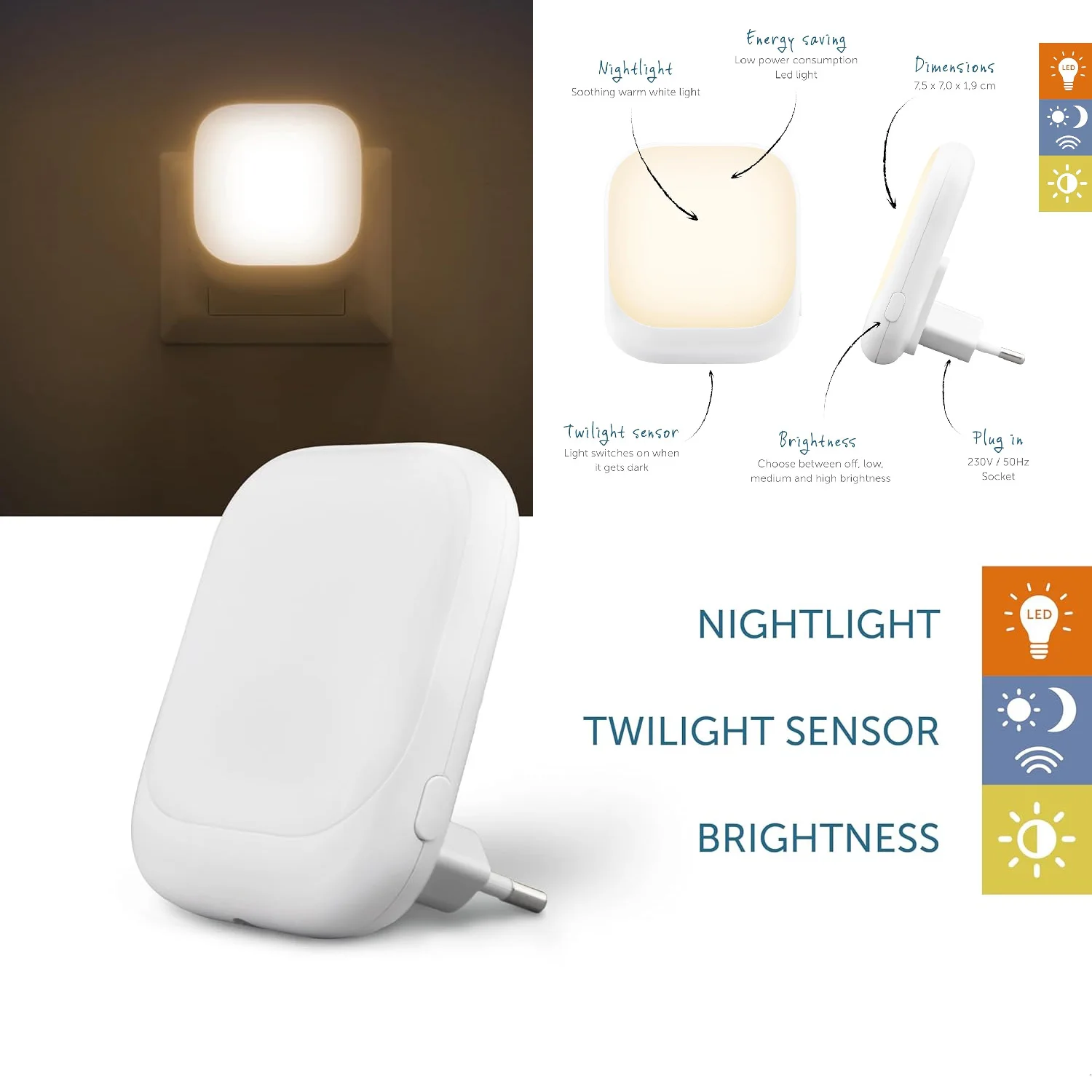 Plug-in Night Light with Light Sensor Technology Adjustable Brightness Auto On/Off Function in the Dark for Home Safety