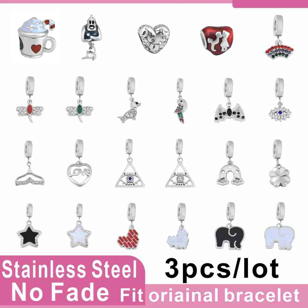 3 pçs/lote 100% real pingente de aço inoxidável caber pandoraer pulseira original contas animais com zircão jóias diy acessório