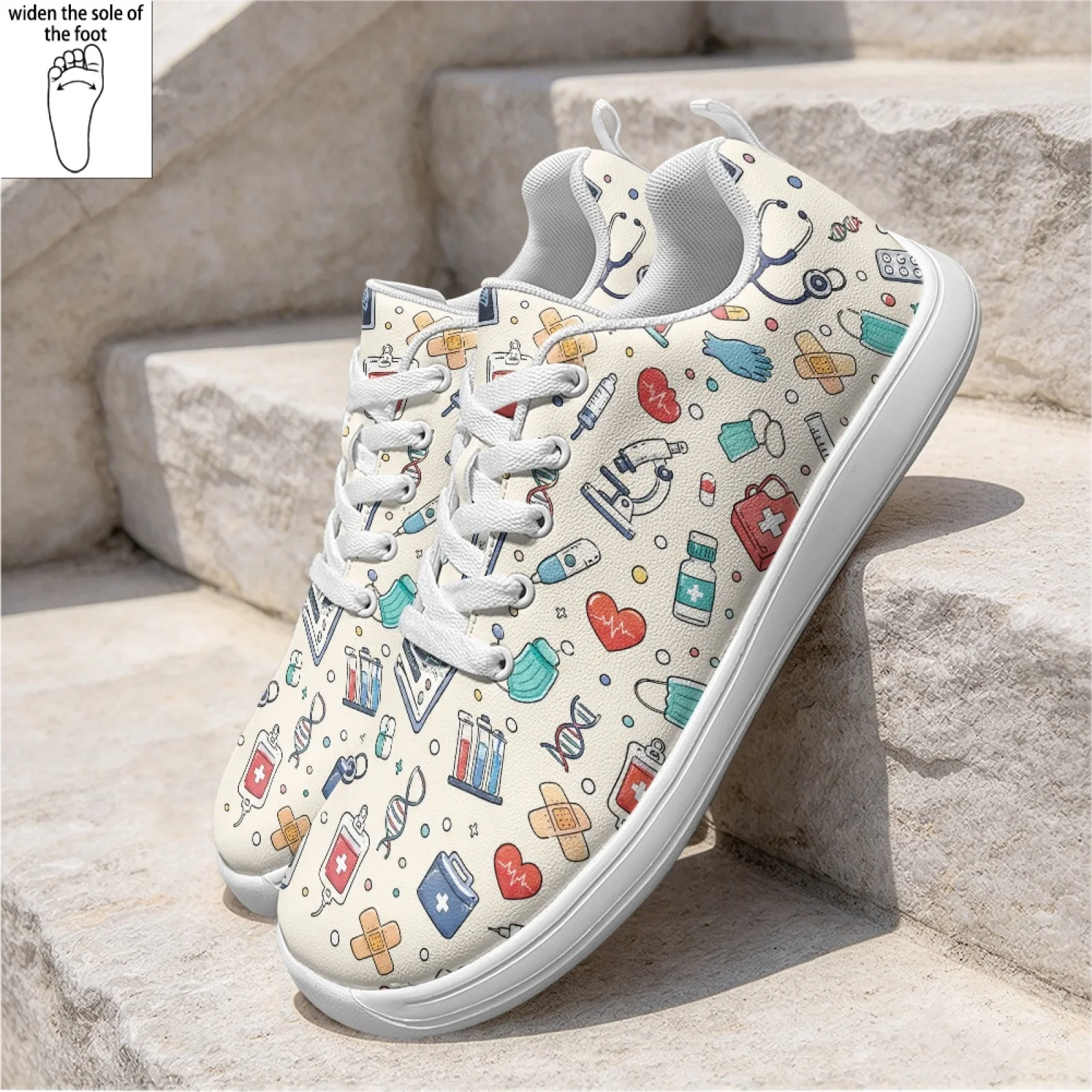 PENSTROLL Wipeable Nursing Shoes Wide Width Casual Flat Sole Walking Shoes for Standing Women Medical Icons Print