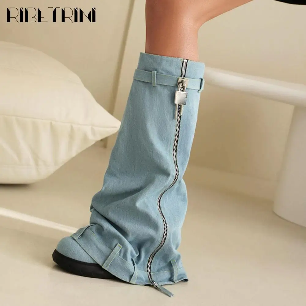 Denim Designer Women Padlock Fold Ocer Boots Designer Cool Fashion Luxury Motorcycle Shoes Wedges Platform non-slip Winter Boot