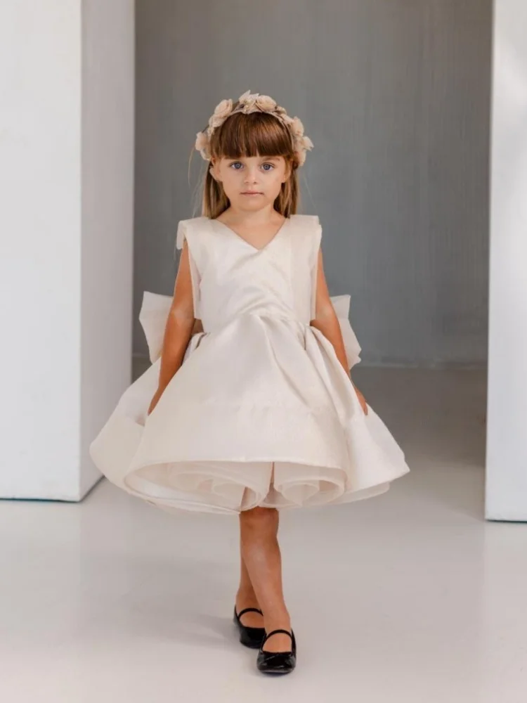 Custom Flower Girl Dress Sleeveless V Neck Large Back Bow Flared A-Line Skirt For Christening Wedding Birthday Photoshoot Party