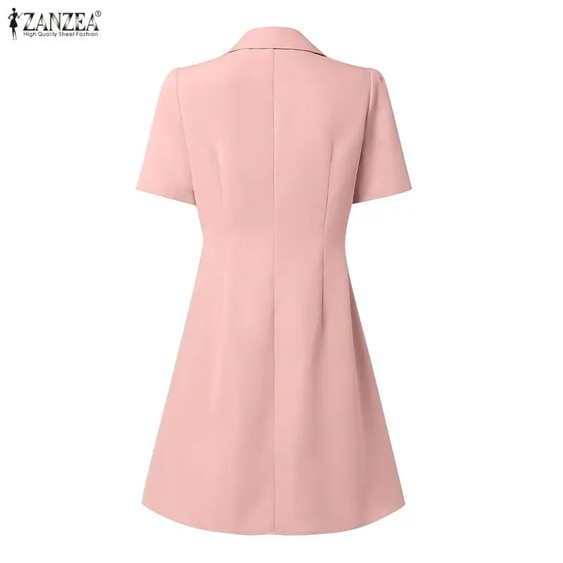 Vestido corto plisado elegante para mujer, vestidos de corte en A con cuello vuelto y media botonadura, manga corta, ZANZEA, vestidos minimalistas lisos para mujer