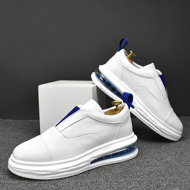 

British style mens casual white shoes slip-on genuine leather flats shoe comfortable air cushion sneakers platform footwear male