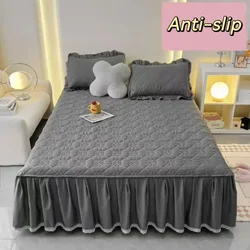 Lace Border Bed Skirt Mattress Protector Thickened Anti-slip Queen Double Single Bedspread Full Size Solid Color（No Pillowcase）