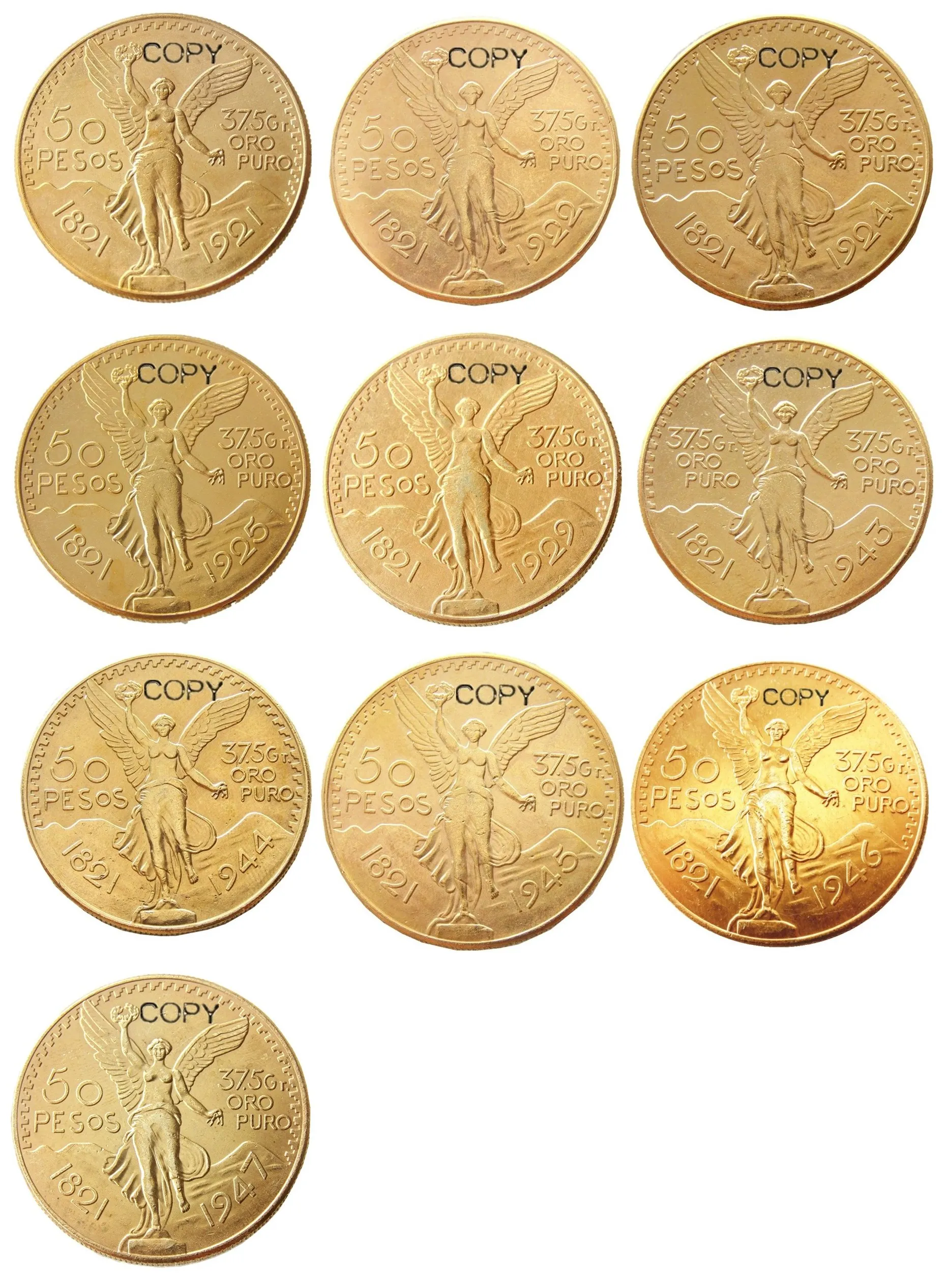 A set of (1921-1947) 10pcs Mexico 50 Peso Gold Plated copy coin