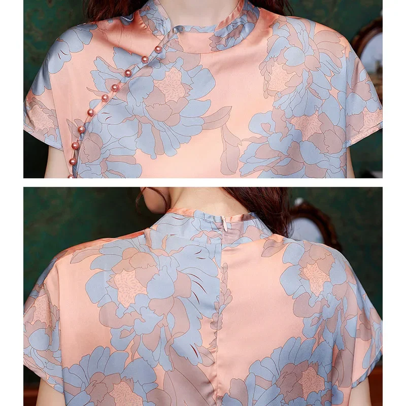 New Summer Short Sleeve Stand Collar Women Blouse Print Chiffon Blouse Shirt Women Tops Blusas Mujer De Moda 2024 Verano A457