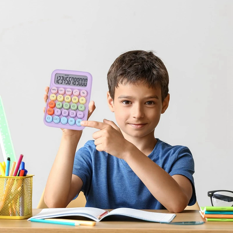 Calculadora de botão mecânico, display LCD de 12 dígitos, botões grandes fáceis de pressionar, calculadora de doces colorida roxa fácil de usar