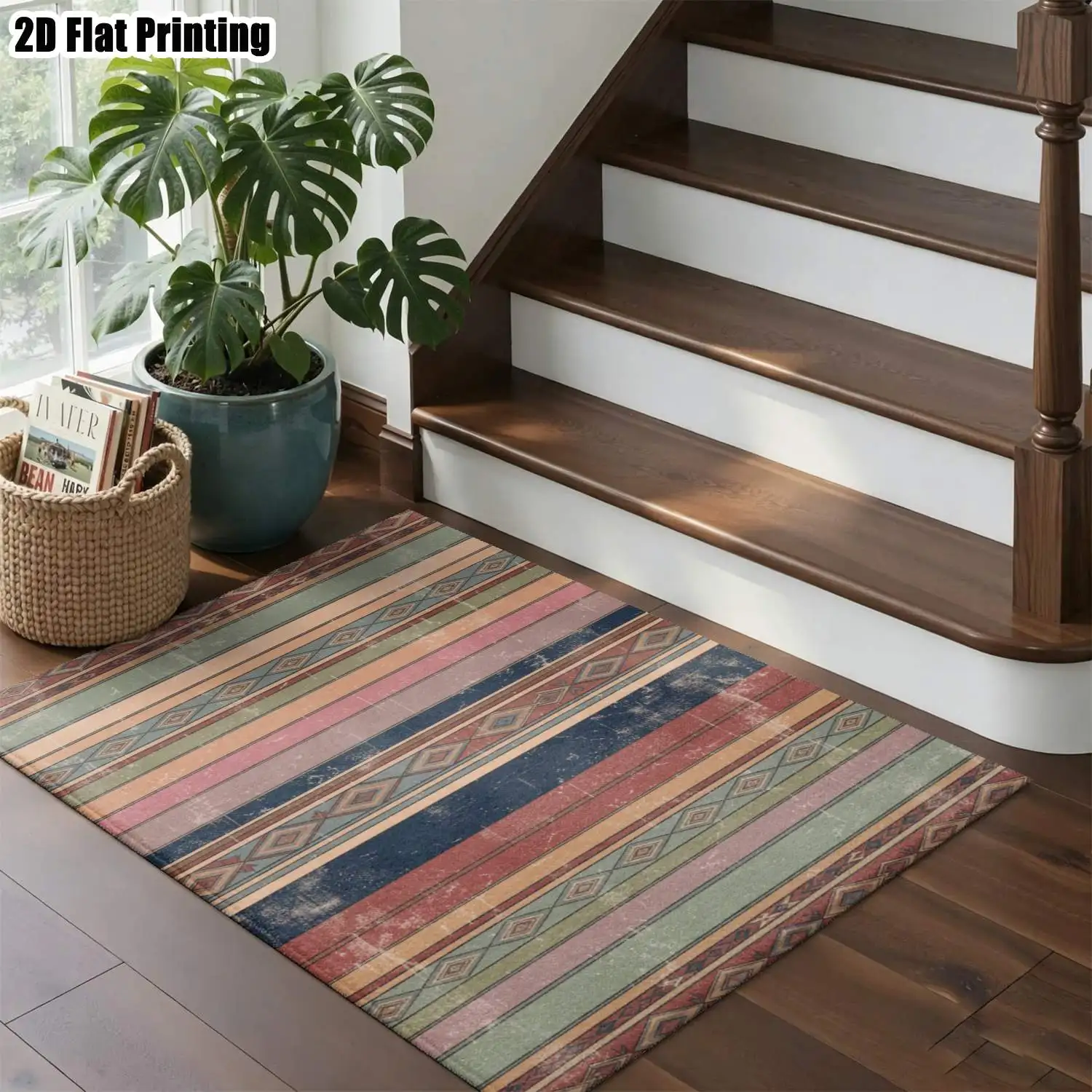 1Pc 2D Printed Retro Color-Blocked Geometric Stripe Carpet, Home Decor, Multi-Size, Machine Washable, for Entrance, Dining, Foyer, Bedroom, Study, Living Room