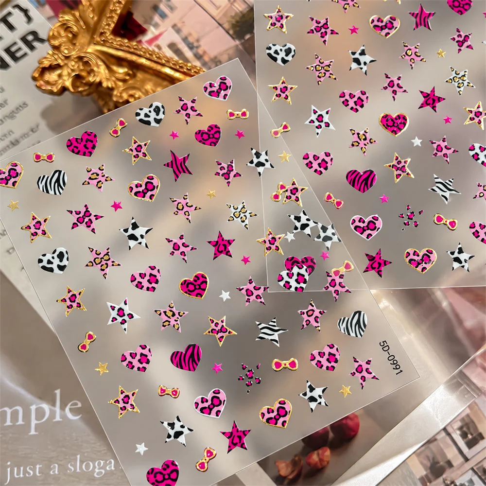1Pc Vibrant Fun Nail Sticker Mixed Animal Print Heart Star Gold Trim Decals Self-Adhesive DIY Manicure for Night Party Nail Art