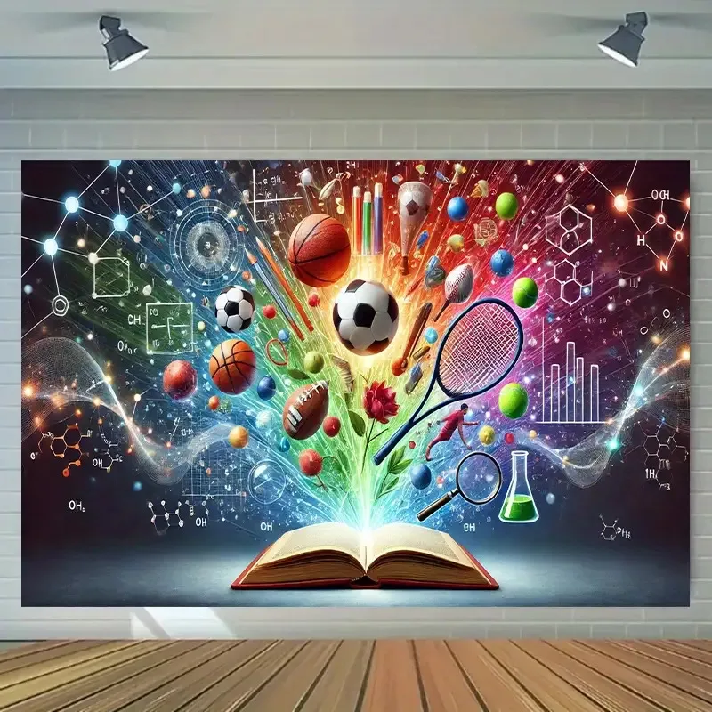 science sports fusion tapestry educational theme wall hanging dynamic elements books balls chemistry formulas perfect for school
