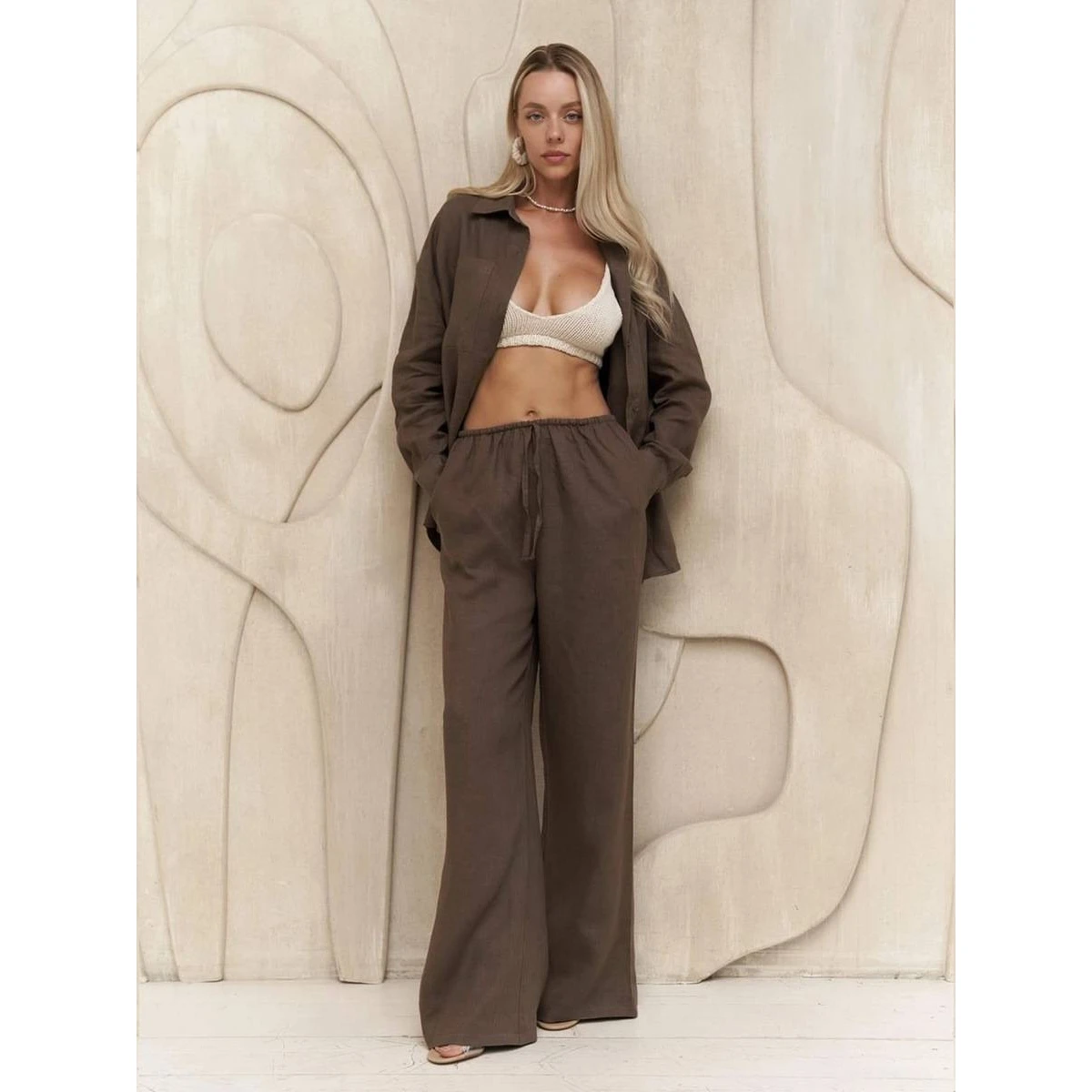 

Pure Cotton Long Sleeve Shirt Wide Leg Pants Set Casual Style Color Flared Pants Autumn Spring Fashion Set for Women