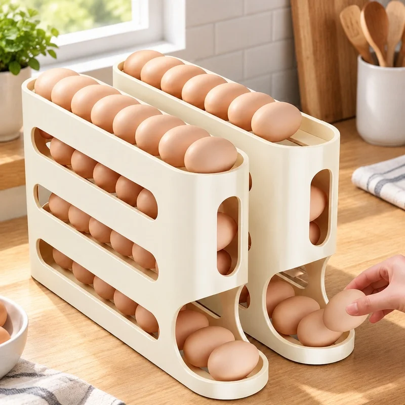 4-Tier Ladder Egg Holder for Refrigerator Side Door with Auto-Rolling and Spacious Design