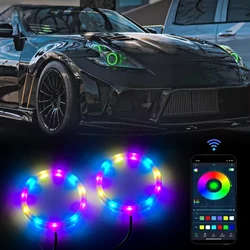 2pcs RGB Cotton Angel Eye LED,Daytime Running Headlight with Turn Signal Lights 12V/24V RGB DRL Halo Rings APP Bluetooth For Car