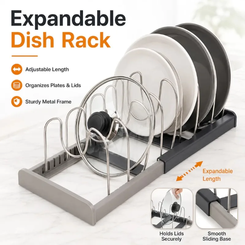 7 Dividers Adjustable Cookware Pot Lid Shelf Holder Stand Expandable Pan Dish Organizer Rack Storage Tool Dish Plate Storage Rac