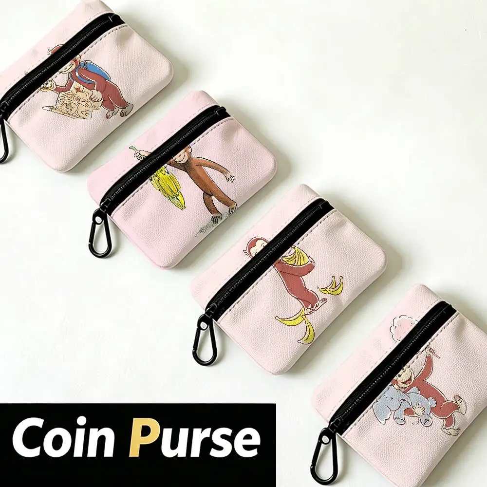C-Curious-George-Cartoon Lightweight Oxford Fabric Coin Purse With Black Carabiner Hook Card Holder Earphone Storage Pouch