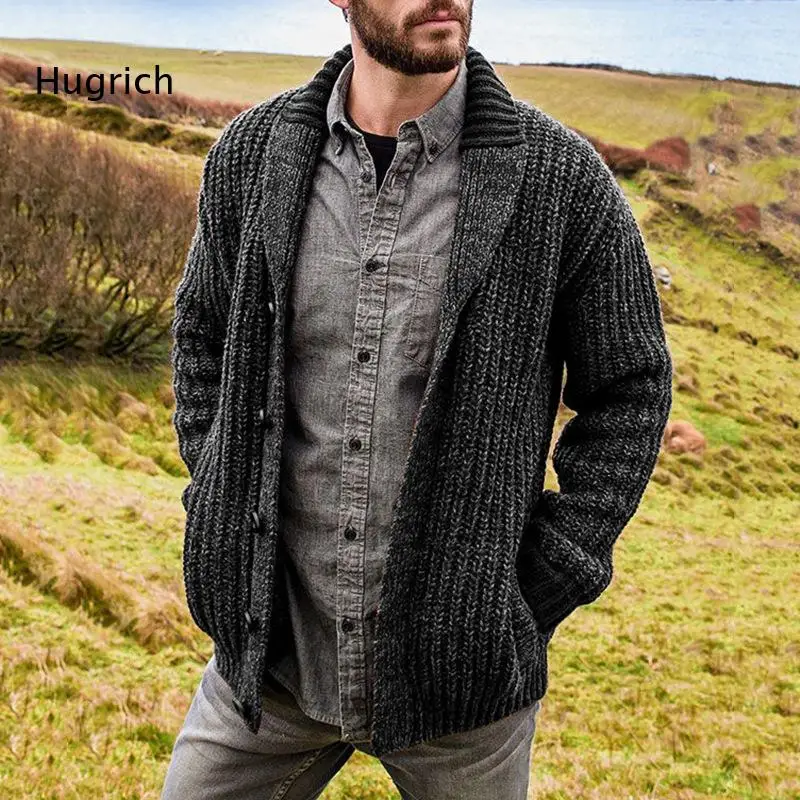 Mens Chunky Knit Shawl Collar Cardigan Button Front Long Sleeve Loose Warm Daily Sweater Jacket with Pockets