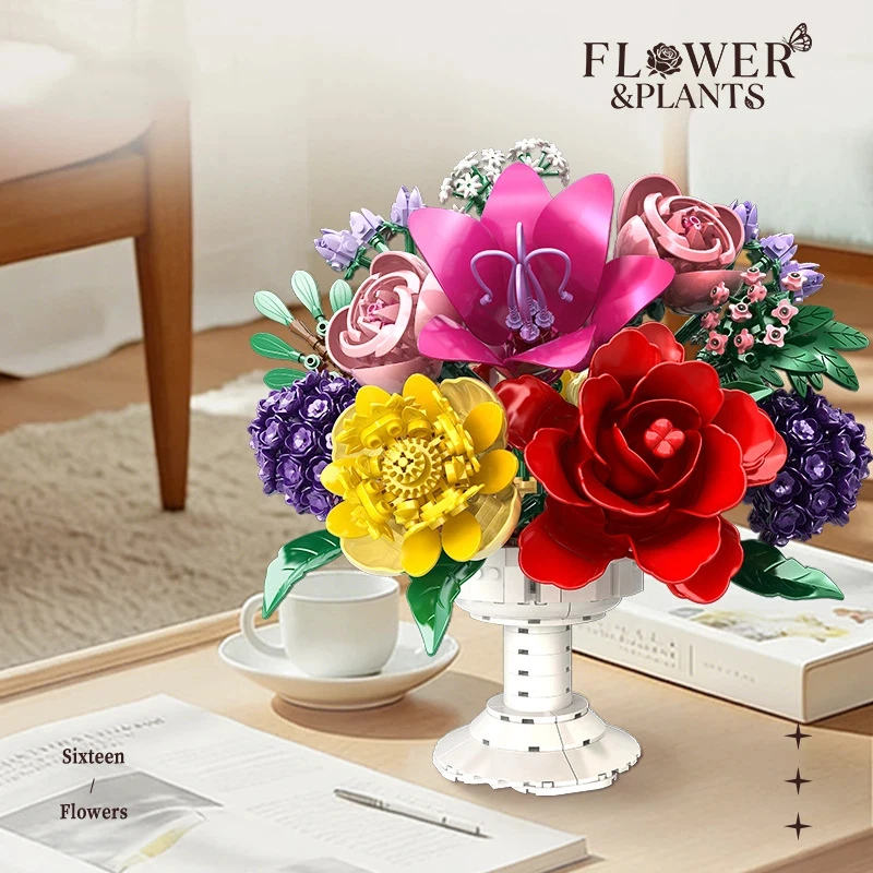 1070PCS Moc Tall Stemmed Glass Bunch of Flowers Building Blocks City Romantic Home Decoration Bricks Toys Girls Festival Gifts