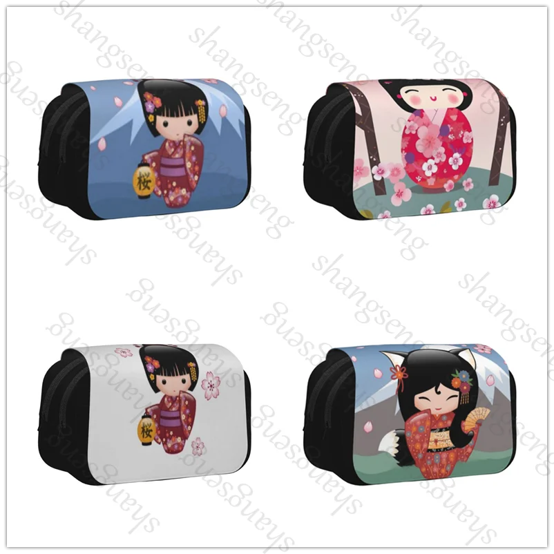 

Kawaii Kokeshi Doll Double Layer Flip Pencil Bag School Supplies Children's Pencil Box Storage Cosmetic Bag Gift
