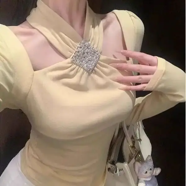 Women T-Shirt 2024 Autumn Sexy Halter Elegant Long Sleeve Club Wear Hot Girl Slim Fit Hollow Top Women Yellow Sweetheart