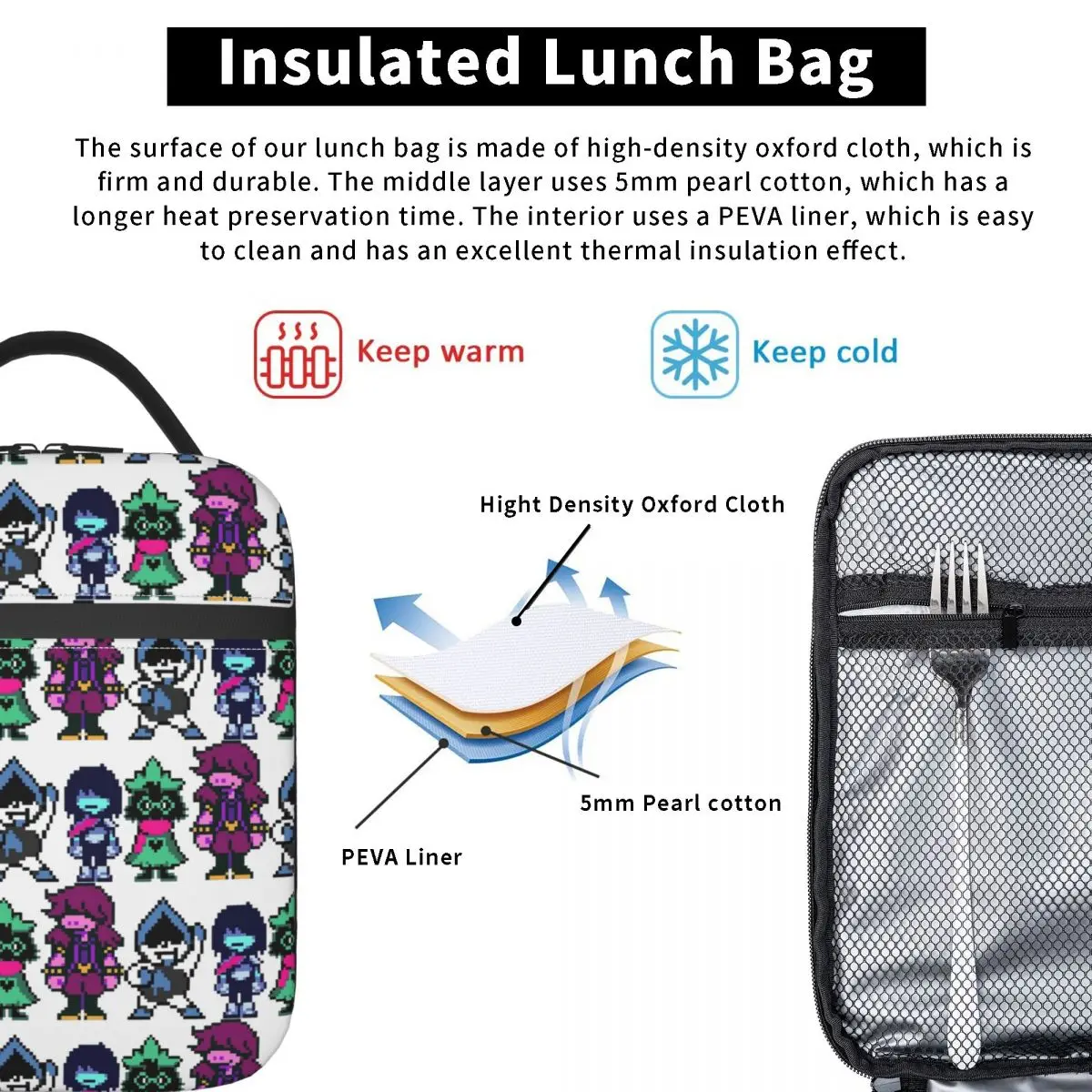 DELTARUNE MAIN CHARACTERS Borsa per il pranzo Scatola per il pranzo per la scuola dei bambini Comoda borsa termica Borse per il pranzo termiche con design grafico Oxford