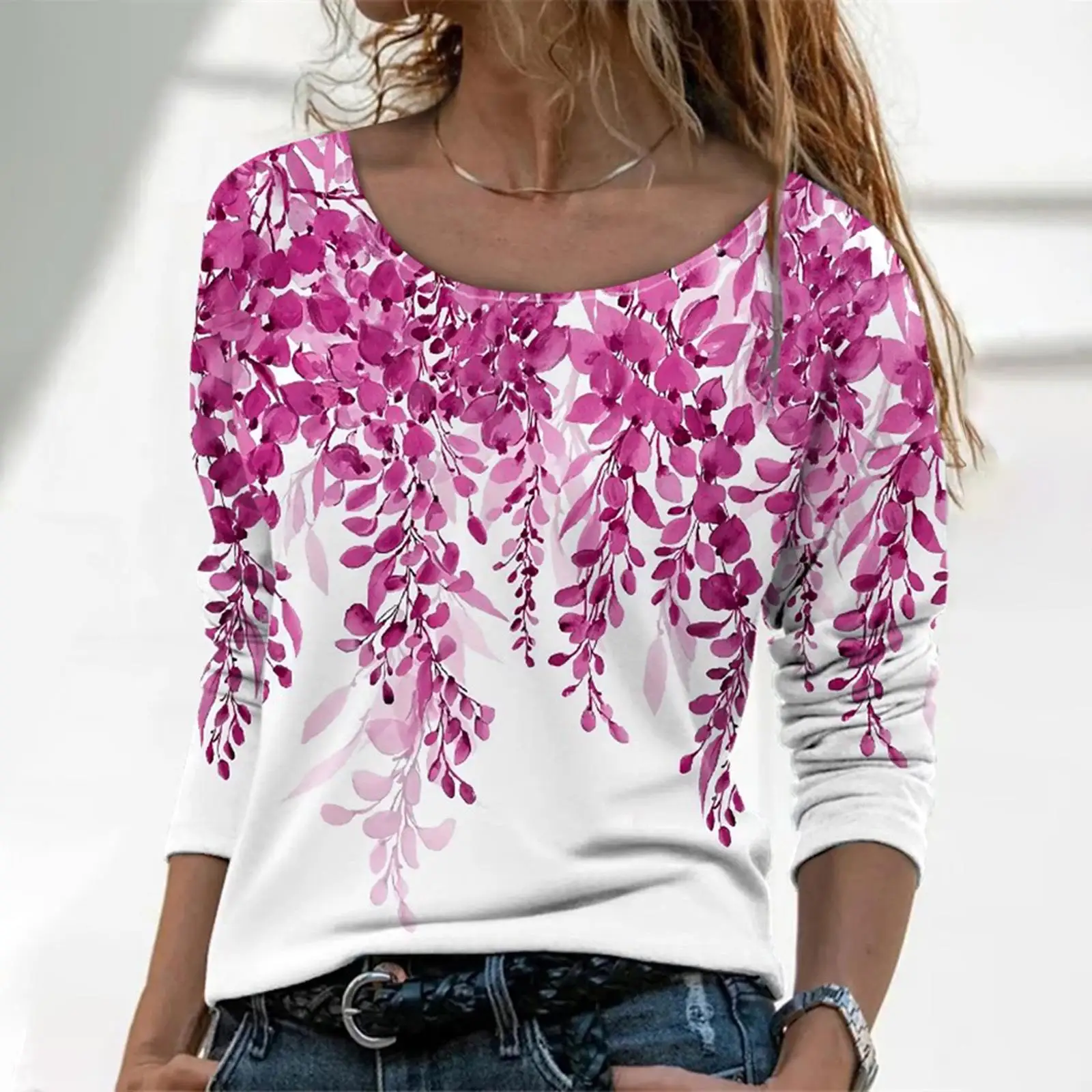 تي شيرت نسائي طويل Sve وردي أزرق أرجواني مطبوع عليه لو كاجوال فضفاض مناسب من القطن النباتي بقلنسوة منقوش عليه زهور ربيع 2023 #2