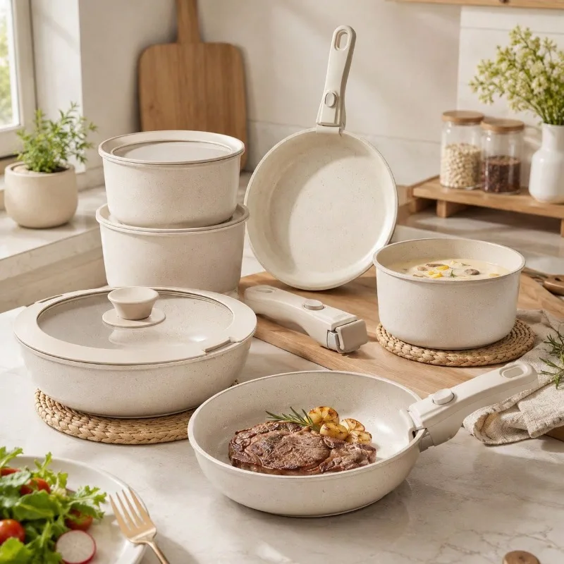 5pcs Minimalist Beige Cookware Collection With Detachable Handles, Multi‑Piece Cooking Pot And Frying Pan Set, Space‑Efficient Kitchen Gear For Daily Home Cooking, Small Apartment Kitchen Setup And Weekend Family Meal Preparation