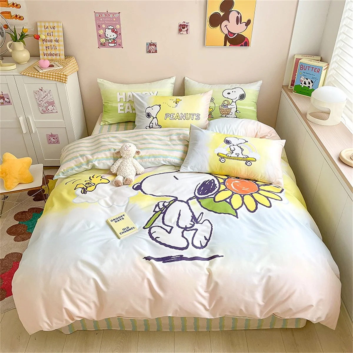 Juego de cama de perro animado Snoopy, funda de edredón con estampado 3D, funda nórdica para perro encantador, juegos de cama individual tamaño King, regalo para niños