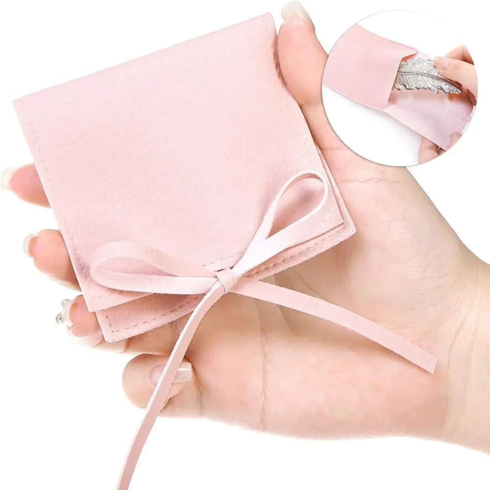 Bolsa de microfibra con cuerda para joyería, embalaje de pulsera de lujo, bolsas de paquete de joyería, bolsa de pajarita estilo sobre rosa