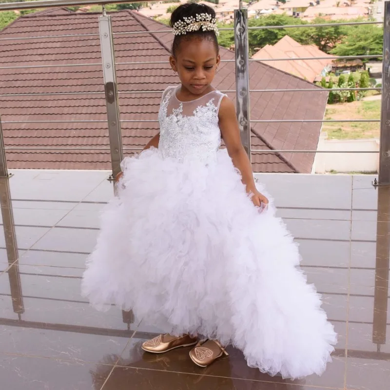 

African White Flower Girl Dresses Tiered Wedding Unique Design Puffy Lace Princess Kids Birthday Party Gowns First Communion