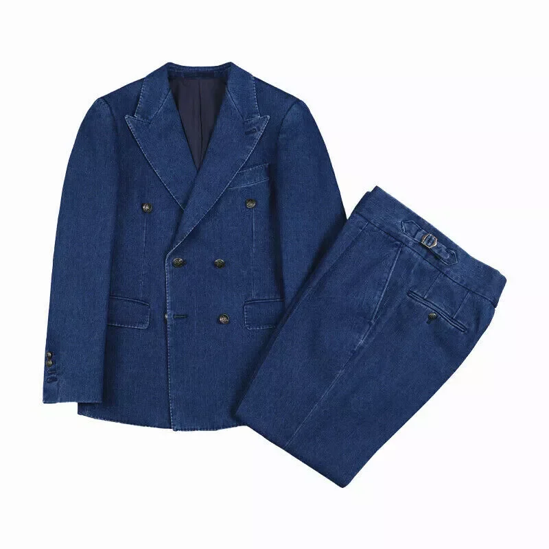 Men Suits Denim Blue Wedding Suit Blazer Shawel Lapel 2 Pcs Jacket Pant Groom Wear Tailored Causal Business Occasion