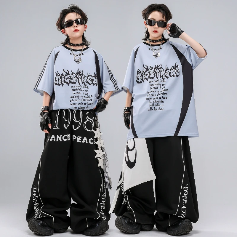 

New Jazz Streetwear Costume Hip Hop Clothing Boys Print T Shirt Top Black Hip Hop Pants Girls Performance Modern Dancing Clothes